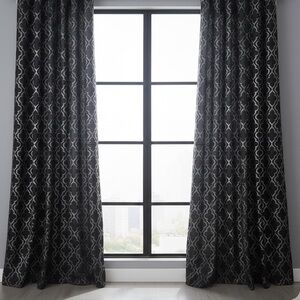 Kelvin NEW 2 Curtain Panels Black Metallic Silver Goth Print Quatrefoil Moroccan